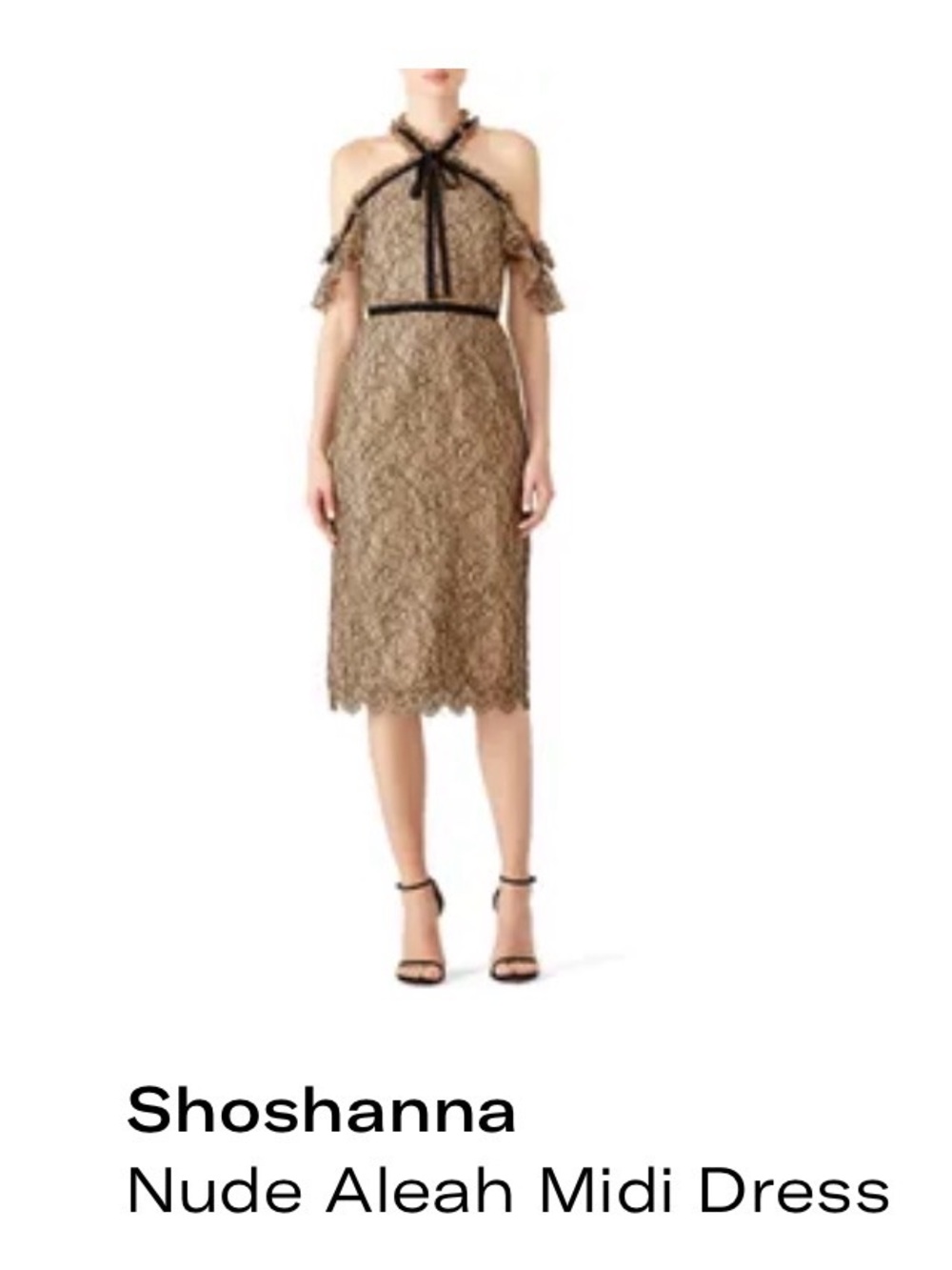 Shoshana Beige Lace Halter Midi Dress with Black Trim